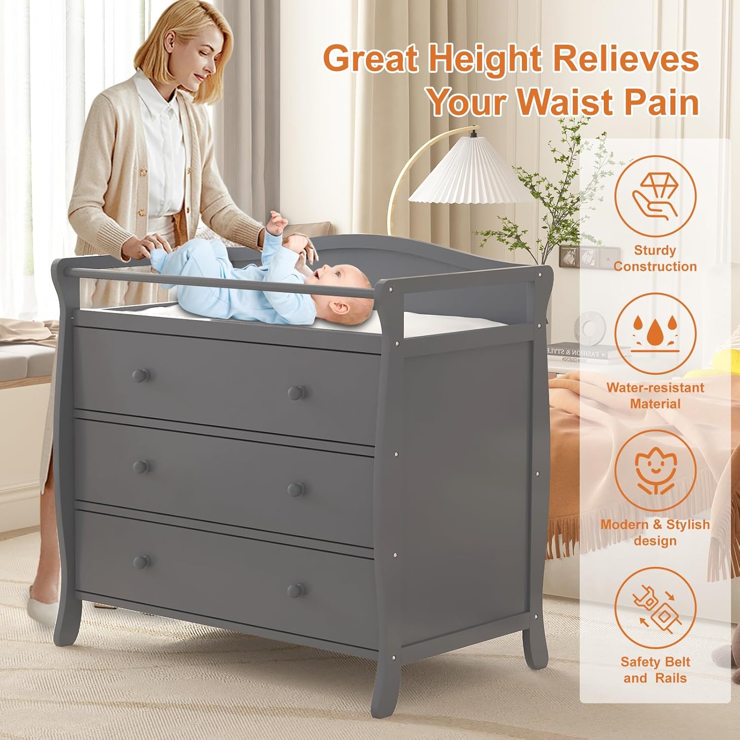 Baby Nursery Table - 3 Drawers Baby Changing Table Wooden