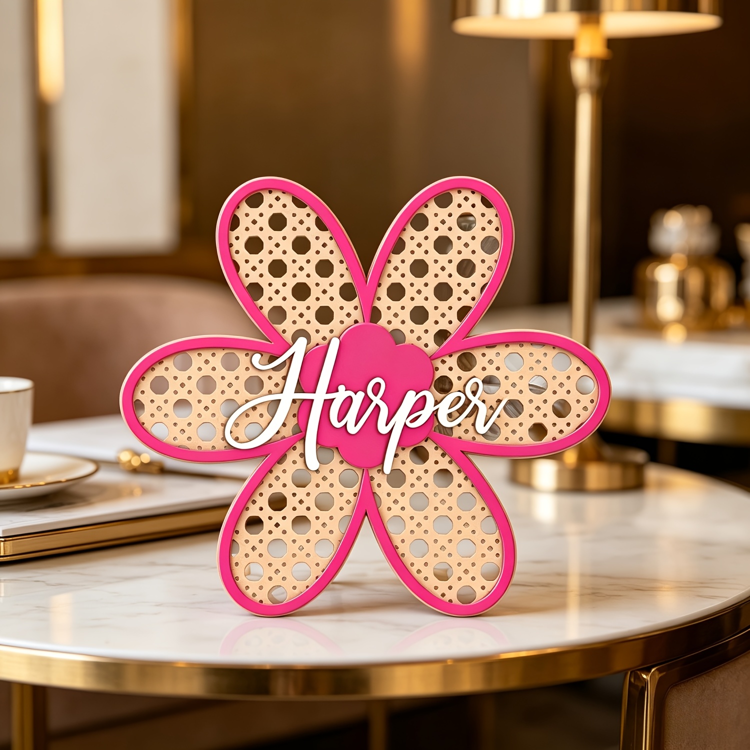 Baby Nursery Baby - Personalized Boho Rattan Flower Name Sign,