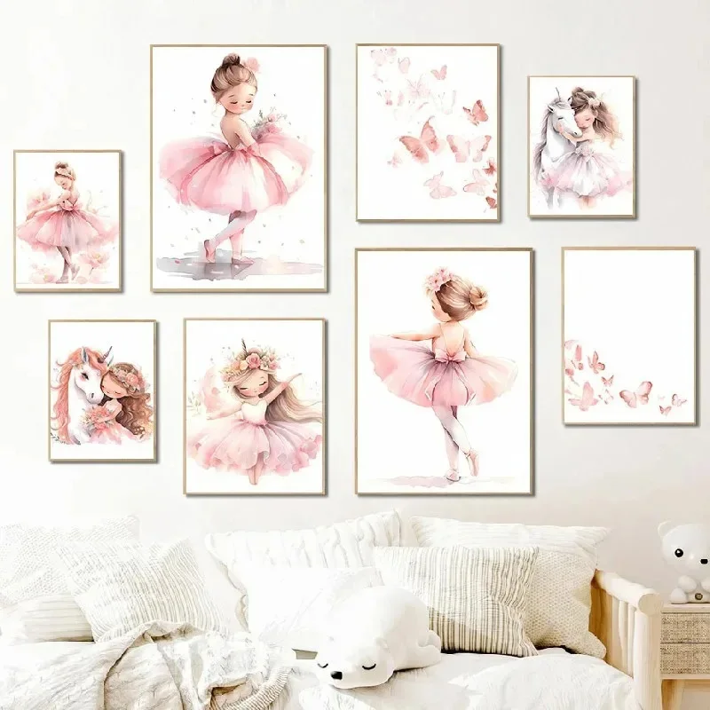 Baby Nursery Decor Girl - Pink Ballerina Girl Unicorn Butterfly Poster