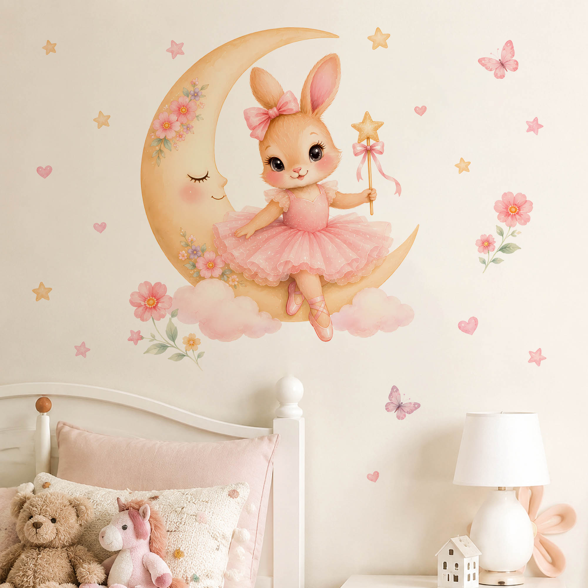 Baby Nursery Decor Girl - Watercolor Ballerina Bunny Moon Wall Stickers