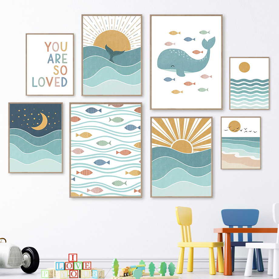 Baby Boy Nursery Quotes - (2D canvas painting) Fish Whale Seagull