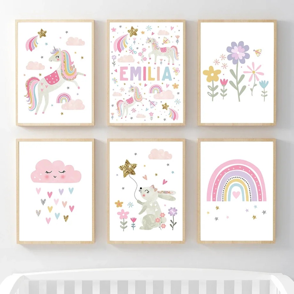 Baby Nursery Decor Girl - Pink Unicorn Rabbit Rainbow Cloud Flower