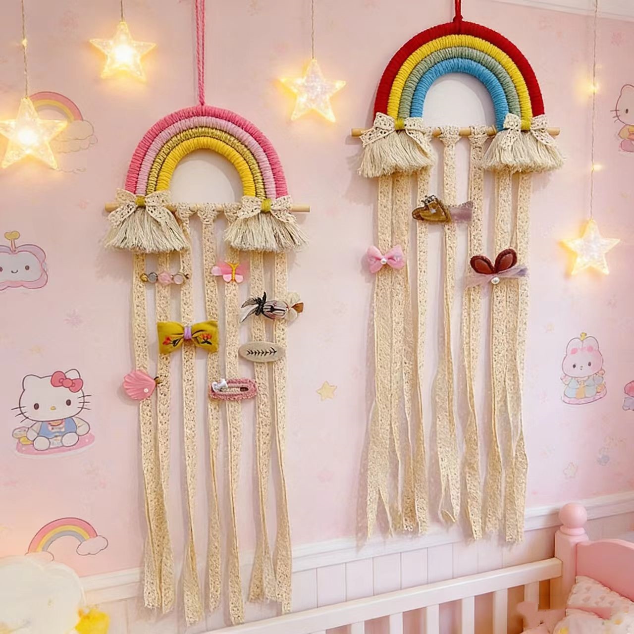 Baby Nursery Decor Girl - Rainbow Macrame Hair Bows Holder Wall