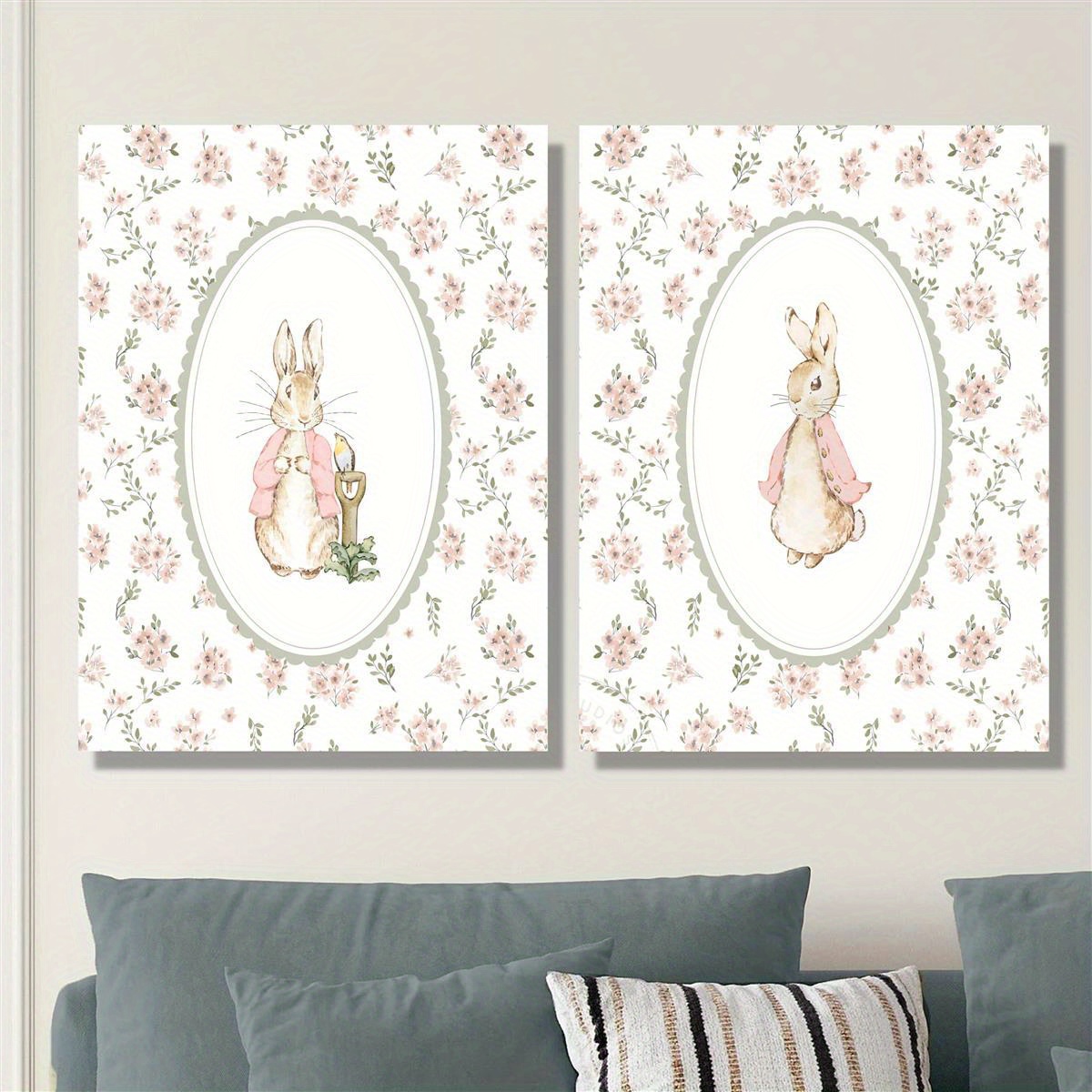Baby Nursery Decor Girl - 2pcs Retro Easter Rabbit Canvas Print