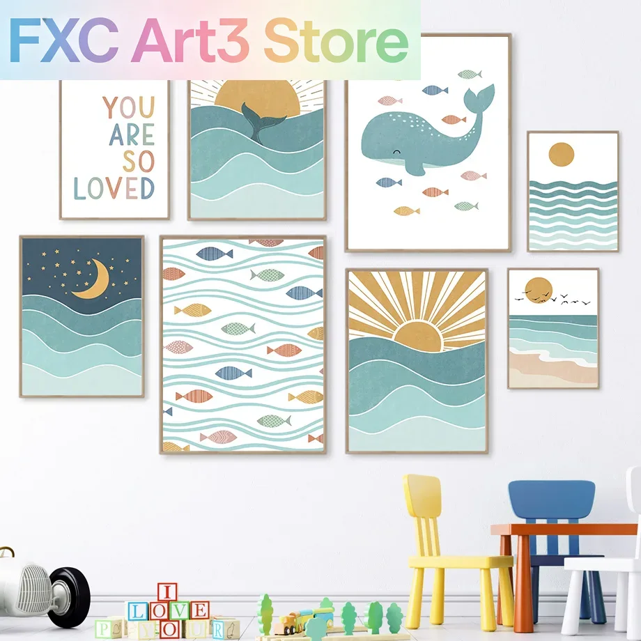 Baby Boy Nursery Quotes - 1pc frameless,Fish Whale Seagull Sunrise Sunset